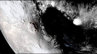 Hunga Tonga volcano erupts again triggers tsunami  Seen from space [upl. by Ebberta875]