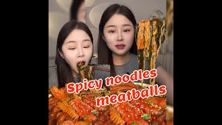 Eating spicy noodles and meatballs 🥘🍜🍝🤩 [upl. by Enelram]