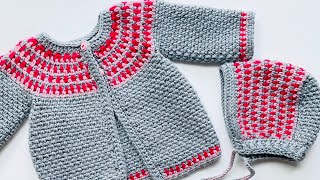 Beautiful baby cardigan coat or jacket with matching bonnet for boys and girls EASY CROCHET PATTERN [upl. by Asher937]