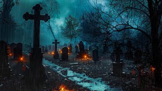 Haunted Cemetery on A Stormy Night with Heavy Rain Thunder Sounds Crows and Wolves Howling [upl. by Mailiw]