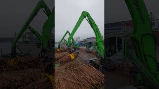 UNLOADING OF TIMBER CARGO ON SHIP DECKUSING BY THREE CRANES youtubeshorts [upl. by Inga681]