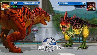 ALLOSAURUS VS T REX  JURASSIC BATTLE  JURASSIC WORLD THE GAME [upl. by Ycnuahc]