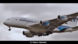 Malaysia Airlines A380841 crosswind landing at Heathrow 27L [upl. by Lesli77]