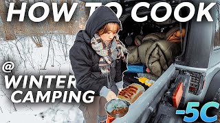 HOW WE COOK THINGS  WINTER CAMPING ❄️🥶  w JEEP  Gas Heater [upl. by Iohk]