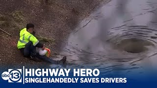 HIGHWAY HERO Faced with flood man singlehandedly saves motorists [upl. by Adnawahs]