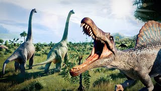 Hungry spinosaurus hunting herbivores on the coast  jurassic world evolution 2 [upl. by Yelnikcm]