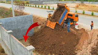 Start a project pour soil next to the highway Dump Truck 5Ton amp Bulldozer Kumatsu D20 [upl. by Enenaej]