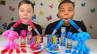 ASMR PINK FOOD VS BLUE FOOD JELLO SHOOTER PUSH POP SOUR CANDY SPRAY MUKBANG [upl. by Brigit]