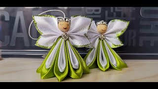 DIY  Christmas angel with glitter wings  Kanzashi satin ribbon angel  Christmas ornament [upl. by Erving]