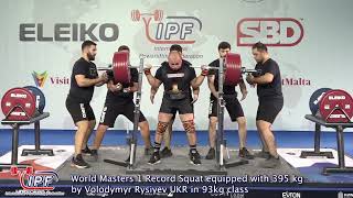 World Masters 1 Record Squat equipped with 395 kg by Volodymyr Rysiyev UKR in 93kg class [upl. by Reggi]