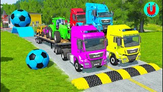 Double Flatbed Trailer Truck vs Speedbumps Train vs Cars  Tractor vs Train BeamngDrive 97 [upl. by Piers]