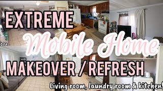 Extreme Mobile Home MAKEOVER  Mobile Home Updates  Living room kitchen amp laundry room [upl. by Hanshaw]