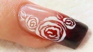 Black and Red Acrylic Nail with White Roses Tutorial [upl. by Kampmeier]