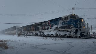 Csx 3194 leads slow intermodal through the snow with foul horn show [upl. by Lobell]