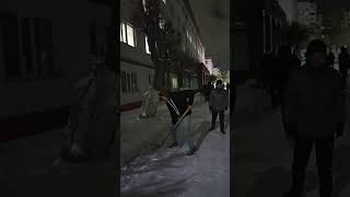 This is my dormitory 800 pm Snow removal around the dormitory with students snow kazakhstan [upl. by Youngran]