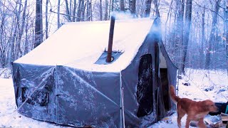 Solo Hot Tent Camping with my Dog Winter Steelhead Fishing [upl. by Niggem]