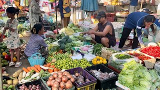 Market selling vegetables fish meat fresh seafood good price food in Cambodia food [upl. by Ellerd]