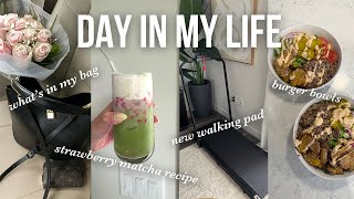 getting 10K steps a day making strawberry matcha and burger bowls whats in my everyday bag [upl. by Meneau]