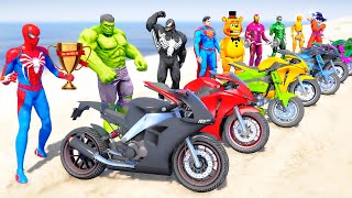 Motorcycles Challenge RACE on Cliff Roads with SuperheroesSpiderMan Goku Hulk Iron Man  GTA 5 [upl. by Annice]