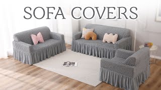 HOKIPO Elastic Stretchable 4 Seater Sofa Cover with Ruffle Skirt AR4605B7 [upl. by Nodnahs]