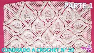 PARTE 1 Como tejer el Cuadro o cuadrado N° 30 a crochet en punto de hojas relieves y espigas [upl. by Ydak776]