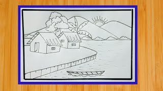 Very simple and pencil scenery drawing  village scenery  gramer drisso  gaon ka chitra drawing [upl. by Llerihs157]