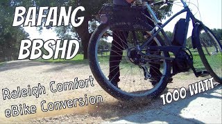 eBike Life Bafang BBSHD 1000w middrive motor 48v 40mph Raleigh comfort commuter ebike conversion [upl. by Millman]