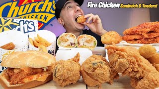 MUKBANG EATING Churchs Chicken New Fire Chicken Sandwich Fire Tenders Fried Chicken Churros [upl. by Euqinay465]