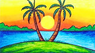 Scenery Drawing  Drawing Sunset Scenery Step by Step with Oil Pastels [upl. by Therese]