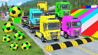 Double Flatbed Trailer Truck vs Speedbumps Train vs Cars  Tractor vs Train BeamngDrive 0194 [upl. by Ia16]