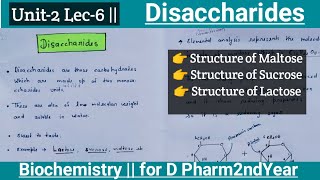 Disaccharide  Structure of Maltose  SucroseLactose  U2 l6 Biochemistry D Pharm1st Year [upl. by Auria]