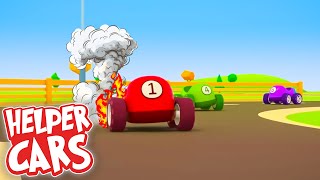 The racing car needs help Helper cars and trucks ready to go Car cartoons for kids [upl. by Edris356]