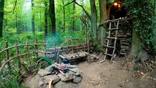 7 Days SOLO SURVIVAL CAMPING In RAIN Forest Building a WOOD and ROCK 2 STOREY SHELTER Cooking [upl. by Leor829]