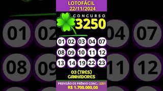 🍀 LOTOFÁCIL SORTEIO 22112024 CONCURSO 3250 [upl. by Acirre]