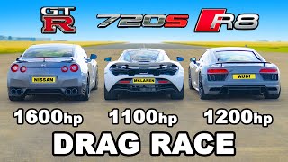 1200hp Audi R8 v 1600hp GTR v 1100hp McLaren 720S DRAG RACE [upl. by Alcina961]