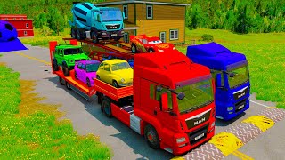 Double Flatbed Trailer Truck vs Speedbumps vs Train vs Cars  Tractor vs Train  BeamngDrive 007 [upl. by Ayidan]