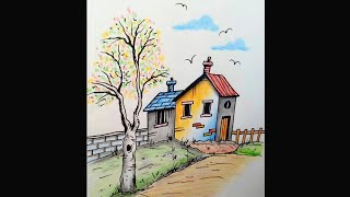 Beautiful Village Drawing with Colored Pencils and Ink Live Stream 281124V [upl. by Hanfurd]