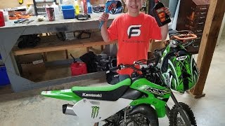 Servicing his brand new Dirt bike a KX65 2 stroke Fun [upl. by Lalib]