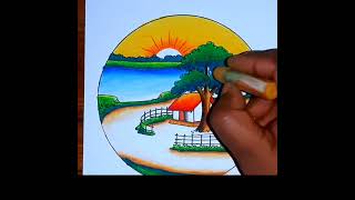 How to draw easy village scenery How to draw easy sunrise scenery Sunrise scenery drawing video [upl. by Enilreug]