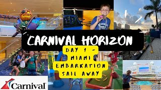 Carnival Horizon 8Day Cruise  Day 1 Embarkation Miami Sail Away 101522 Ship Room Interior Tour [upl. by Eam]