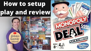 Monopoly Deal card game how to setup play and review board game AmassGames quick kids cards travel [upl. by Broder]