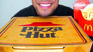 ASMR PIZZA HUT MUKBANG EATING EXTRA CHEESE PIZZA BIG BITES MCDONALDS FRIES CHALLENGE TALKING [upl. by Nidnarb798]