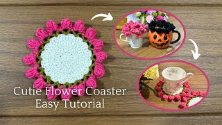 🌸🧶Cutie Flower Coaster Easy Tutorial beginnerfriendly pattern [upl. by Ailalue]