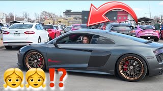 Girl Drives Twin Turbo R8 at car meet  Tesla Cybertruck  Rare porsche [upl. by Annoik]