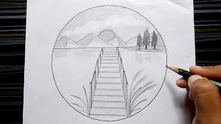 Scenery drawing in circle pencil Scenery drawing Circle Landscape drawing pencil Shading [upl. by Akcirahs53]