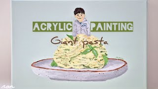 Giant PASTA  Tiny people  BIG food  Acrylic painting tutorial  Real time  Spaghetti pesto ASMR [upl. by Eecats327]