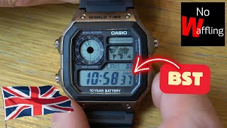 How to Turn ON amp OFF British Summer Time on Casio Royale AE1200WH  Change Time GMT Beginners guide [upl. by Alexis141]