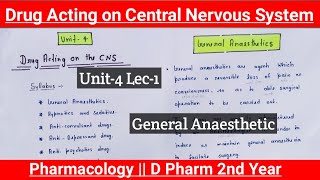 General Anaesthetic  Drug Acting on CNS  Unit4 lec1  Pharmacology D Pharm2nd Year Hindi [upl. by Nirrep]