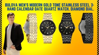 Bulova Mens Modern Gold Tone Stainless Steel 3Hand Calendar Date Quartz Watch Diamond Dial [upl. by Wanids]