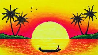 Easy Sunset Drawing for Beginners  How to Draw Sunset Scenery with Oil Pastels [upl. by Htirehc]